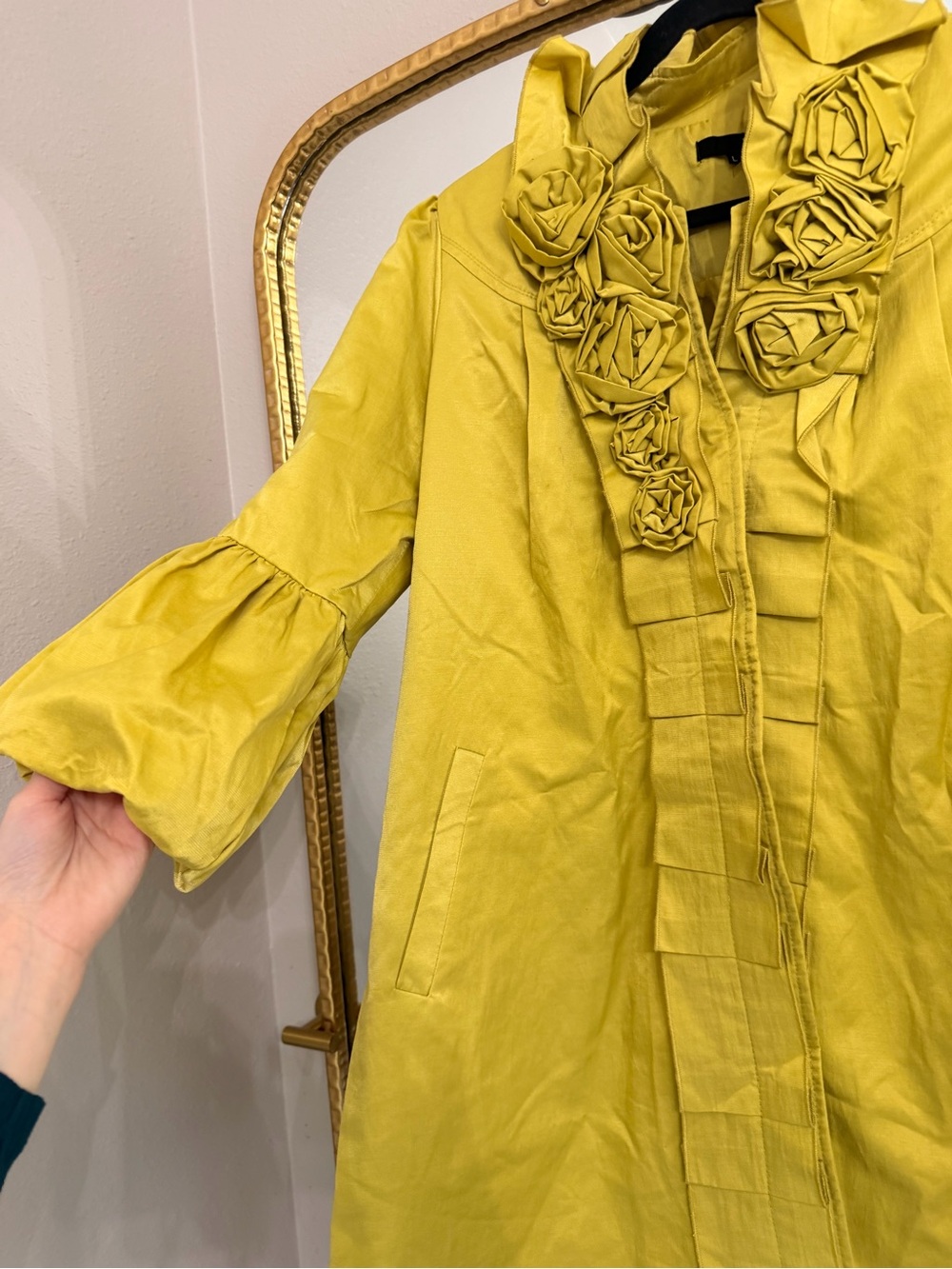 Ruffle-Front Mustard Yellow Women's Coat - Picture 2 of 4